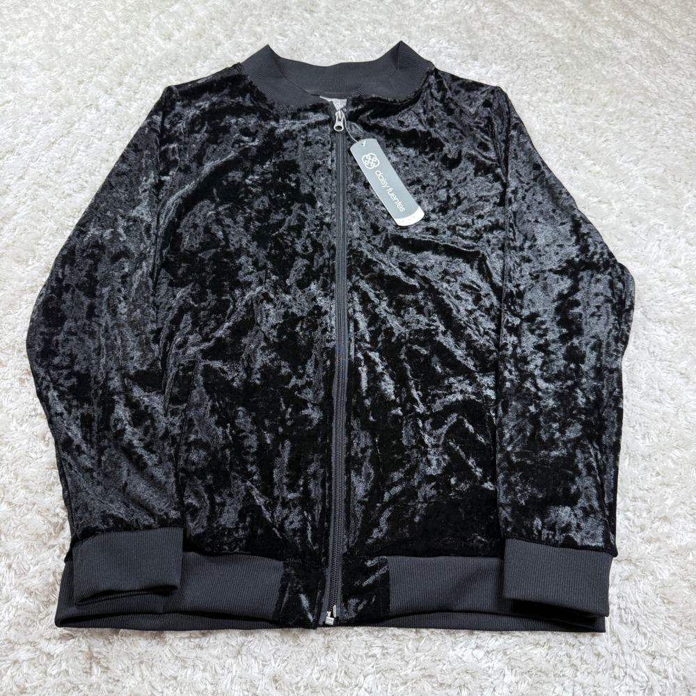 NWT Daisy Fuentes Bomber Jacket Women's Large Black Crushed Velvet Whimsigoth